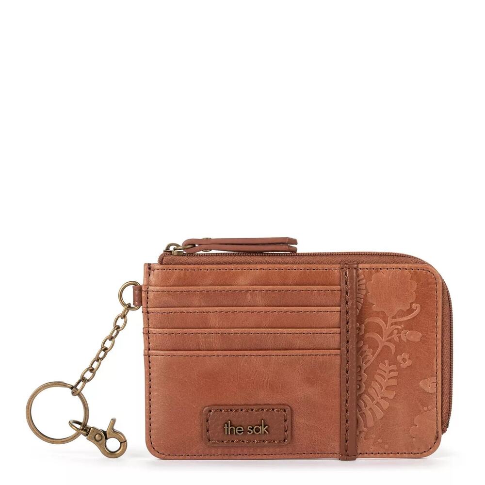 The Sak Iris Card Wallet In Leather Tobacco Floral Embossed